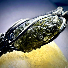 Moldavite/Silver Bracelet with Garnet Accents - (S/M Adjustable)