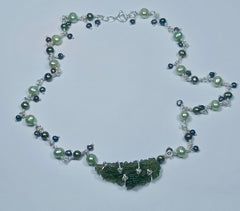 Exquisite Sterling Silver, Green Pearl & Moldavite Necklace