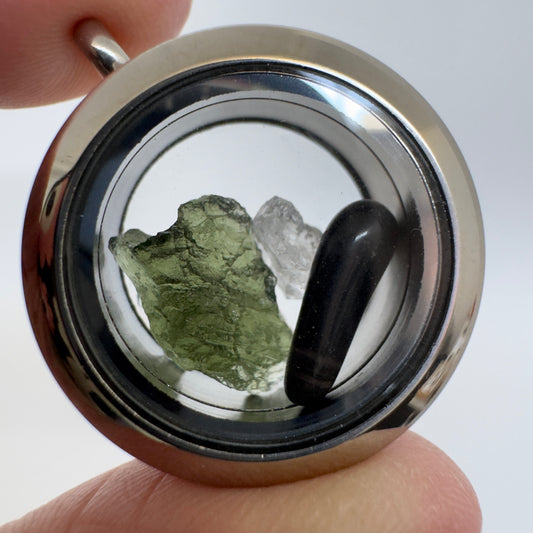 Moldavite, Herkimer & NZ Obsidian Locket | 25mm | Chlum