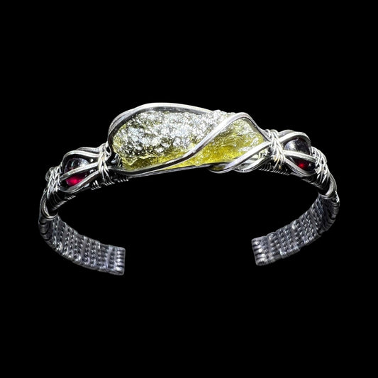 Moldavite/Silver Bracelet with Garnet Accents - (S/M Adjustable)