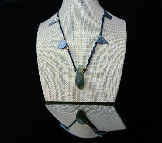 Gold Plated Moldavite Necklace with a Silk Cord