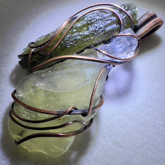 Moldavite, LDG & Herkimer Pendant - Copper Wrap