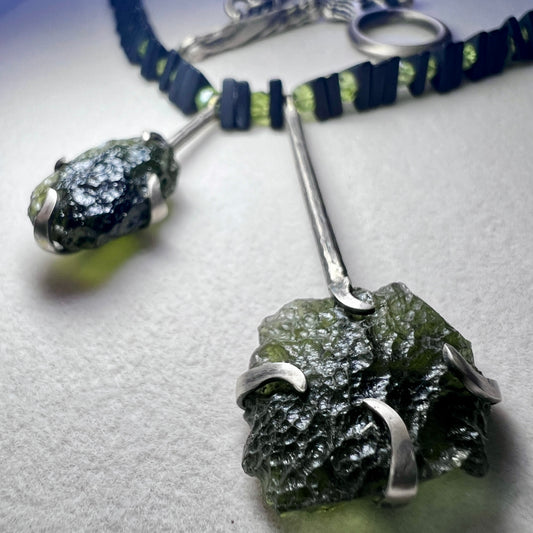 Onyx & Mixed Peridot Beaded Moldavite Necklace