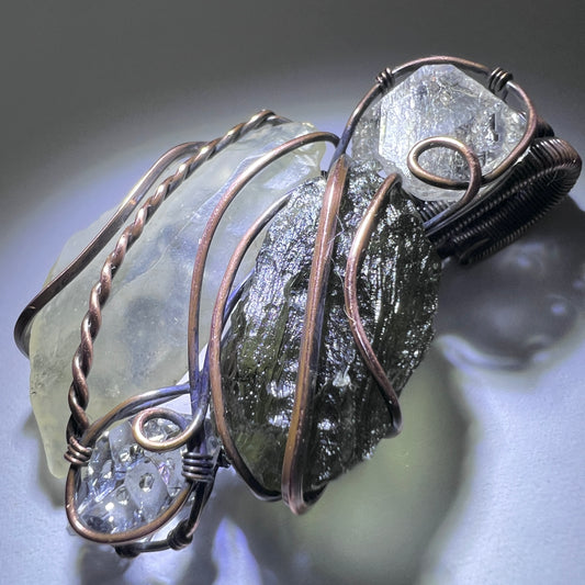 Moldavite, Herkimer Diamond & LDG Pendant - Copper Wrap