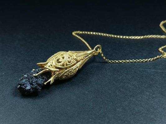 Floral Filigree Moldavite Pendant in Gold Plate
