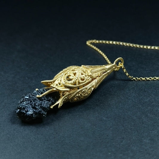Floral Filigree Moldavite Pendant in Gold Plate | 2.9g | Chlum