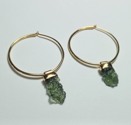 Round Gold Plated Moldavite Earrings