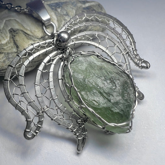 Stainless Steel Moldavite Pendant | 1.16g | Vrabce