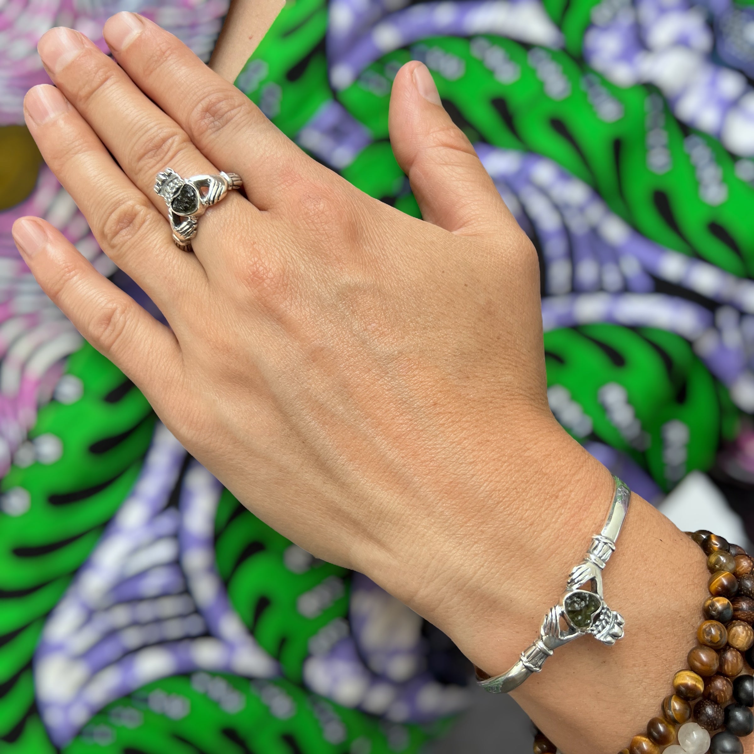Claddagh Heart - Moldavite Silver Bracelets