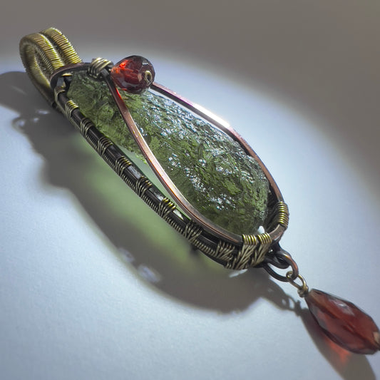 Moldavite Copper/Brass Pendant with Garnet Acccents | 3.15g | Chlum