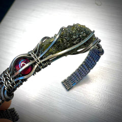 Moldavite/Silver Bracelet with Garnet Accents - (S/M Adjustable)