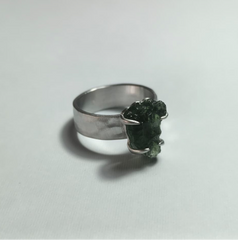 Claw Set Thick Band Silver Moldavite Ring - Size 8(Q)