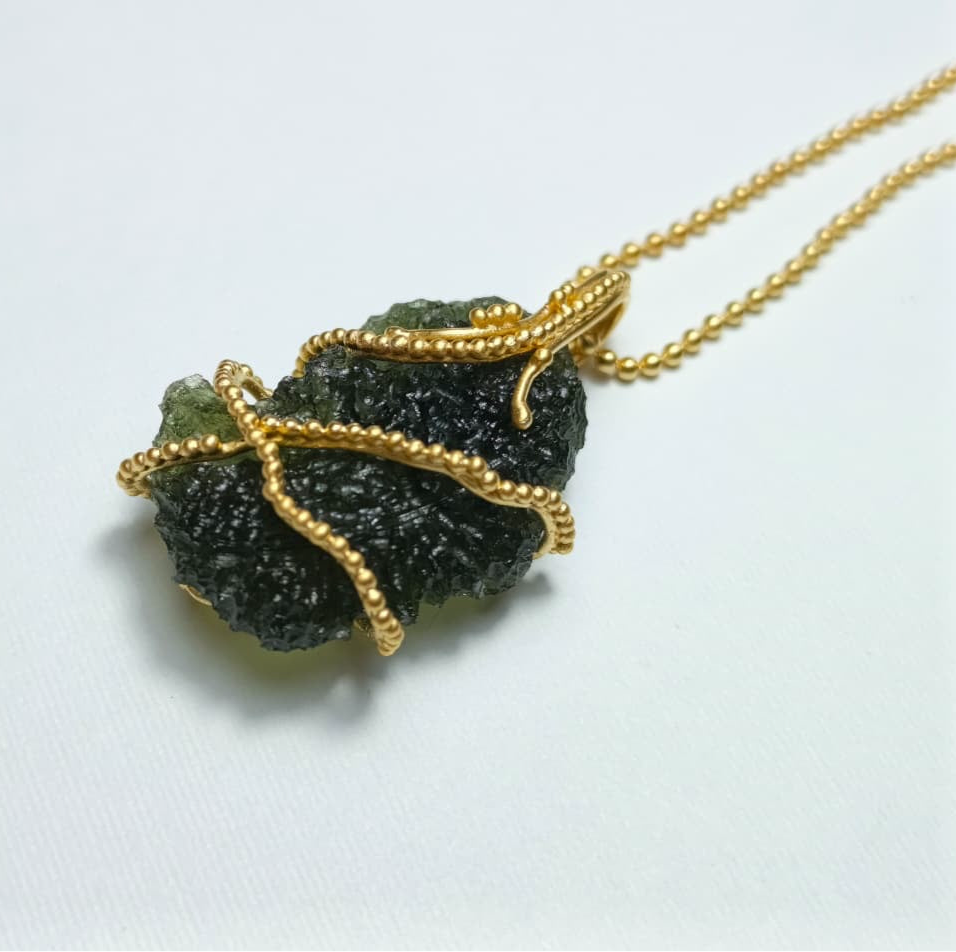 Gold Plated Chain Wrapped Moldavite Necklace
