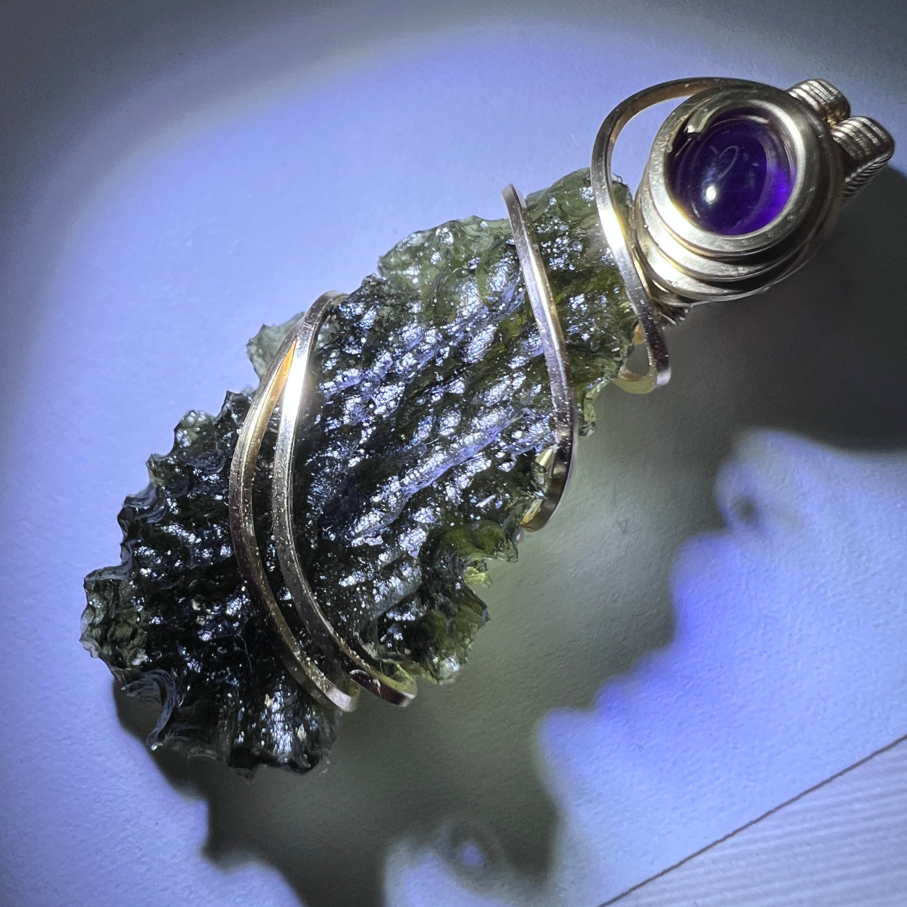 Gold Wrapped Moldavite & Amethyst Pendant - 3.21g