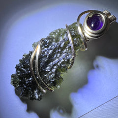 Gold Wrapped Moldavite & Amethyst Pendant - 3.21g