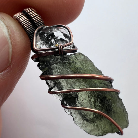 Moldavite & Herkimer Copper Pendant 1.32g
