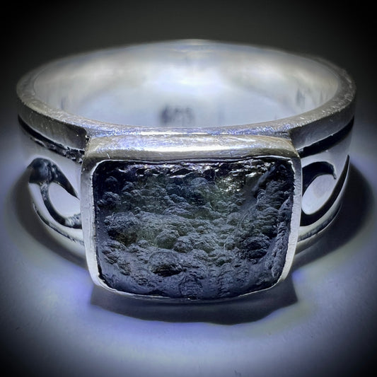 Band Sterling Silver Moldavite Ring - 10.5 (V)