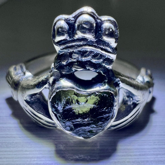 Claddagh Sterling Silver Moldavite Ring - 7.5 (P)