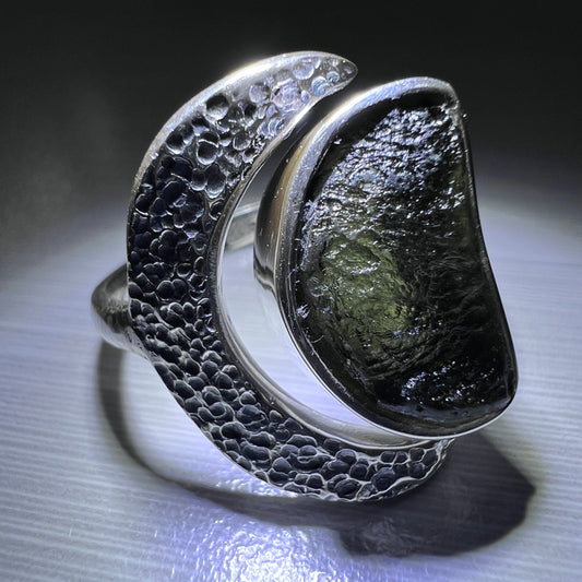 Crescent Moon Sterling Silver Moldavite Ring - 9 (S) Open