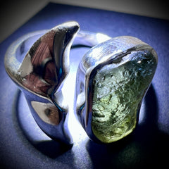 Whale's Tail Sterling Silver Moldavite Ring - 7.5 (P) Open Size