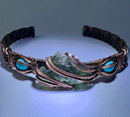 1.4g Moldavite and Copper Bracelet with Turquoise Accent Stones