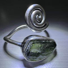 Spiral Design Silver Moldavite Ring - Open Size 8.5 (R)