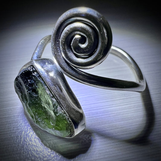 Spiral Design Silver Moldavite Ring - Open Size 8.5 (R)