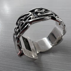 Celtic Thick Band Rectangular Silver Moldavite Ring - Size 8.5 (R)