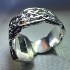 Celtic Thick Band Rectangular Silver Moldavite Ring - Size 8.5 (R)