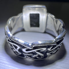 Celtic Thick Band Rectangular Silver Moldavite Ring - Size 8.5 (R)