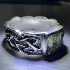 Celtic Thick Band Rectangular Silver Moldavite Ring - Size 9 (S)