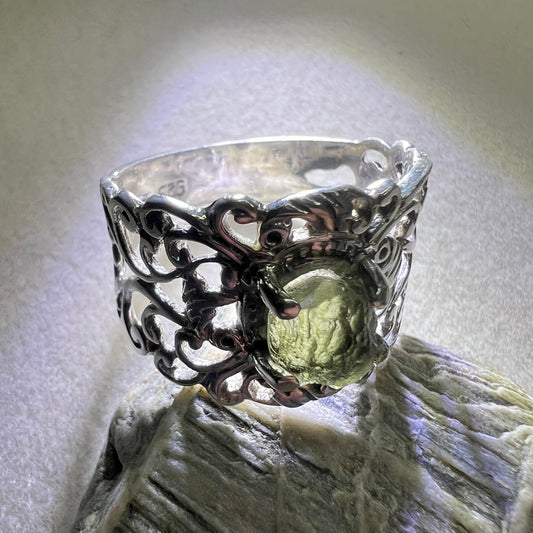 Ornamental Band Sterling Silver Moldavite Ring - 10