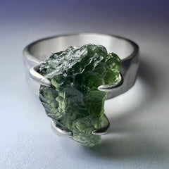 Claw Set Thick Band Silver Moldavite Ring - Size 8(Q)