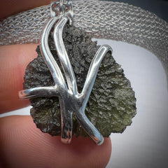 Woven Silver Moldavite Earrings & Necklace set
