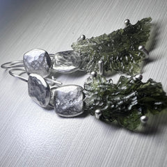 Twin Circle Silver Moldavite Dangle Earrings