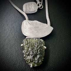 Ethereal Artifact Rhodium-Plated Moldavite Pendant 2.71g