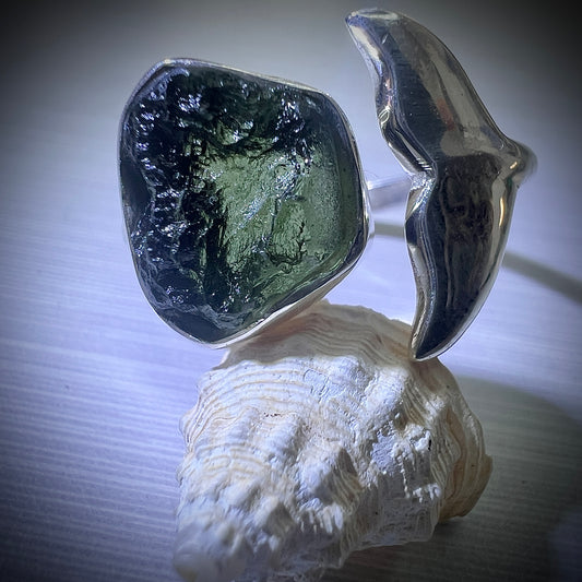 Custom Whale's Tail Design Silver Moldavite Ring - Open Size 12.5