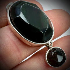 Bezel set Faceted Moldavite & Obsidian Silver Pendant