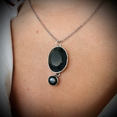 Bezel set Faceted Moldavite & Obsidian Silver Pendant