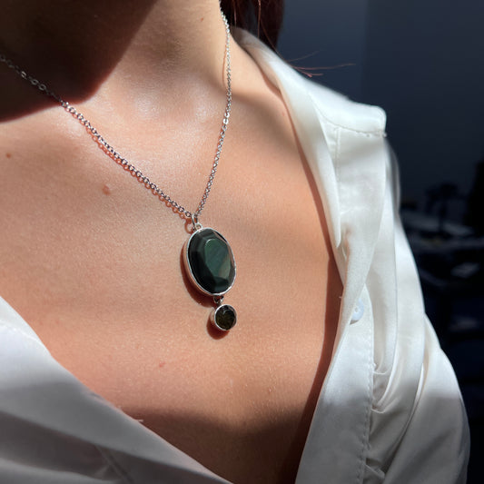 Bezel set Faceted Moldavite & Obsidian Silver Pendant
