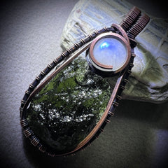 Moldavite & Moonstone Copper pendant