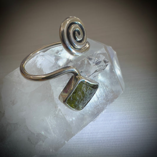 Open Spiral Moldavite Ring in Sterling Silver – Size 6.5