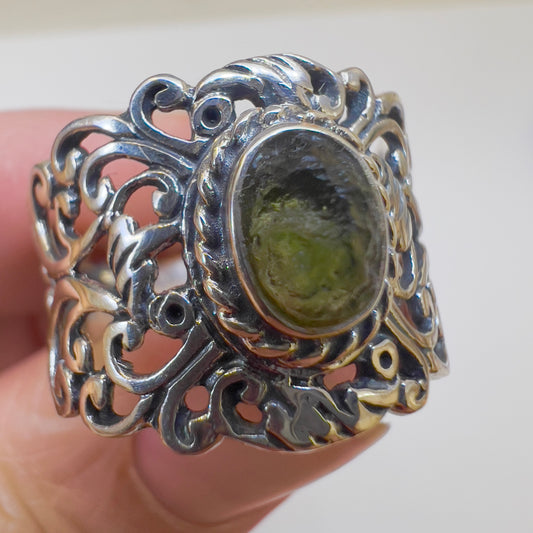 Ornate Filigree Sterling Silver Moldavite Ring - Size 8