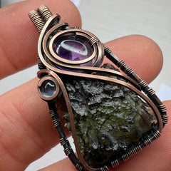 3.37g Moldavite Copper Pendant with Amethyst & Moonstone