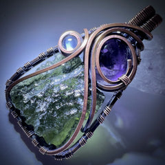 3.37g Moldavite Copper Pendant with Amethyst & Moonstone