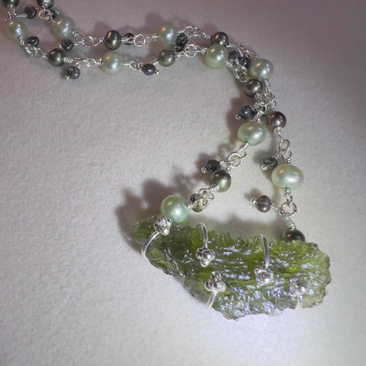 Delicate Sterling Silver, Green Pearl & Moldavite Necklace