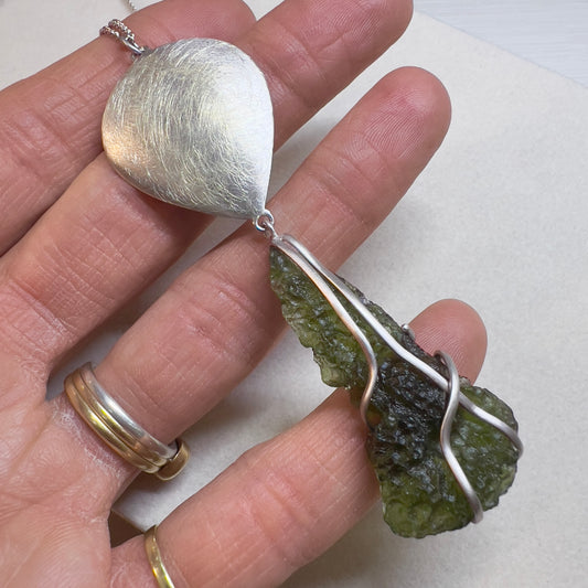 Sterling Silver Moldavite Statement Necklace | 4.2g | Chlum