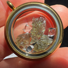 Gold Locket with Moldavite & Herkimer.