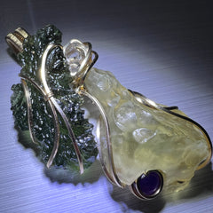 Moldavite, LDG, Herkimer & Amethyst Gold pendant.