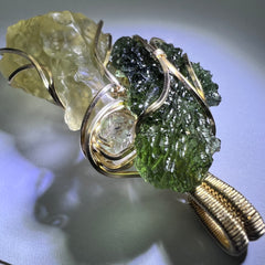Moldavite, LDG, Herkimer & Amethyst Gold pendant.
